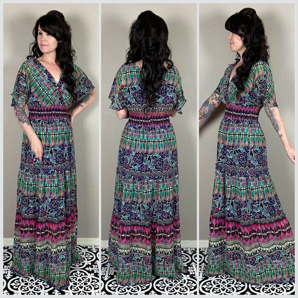 Vintage Y2K Flutter Sleeve Chiffon Floral Print Maxi Dress - Picture 3 of 7